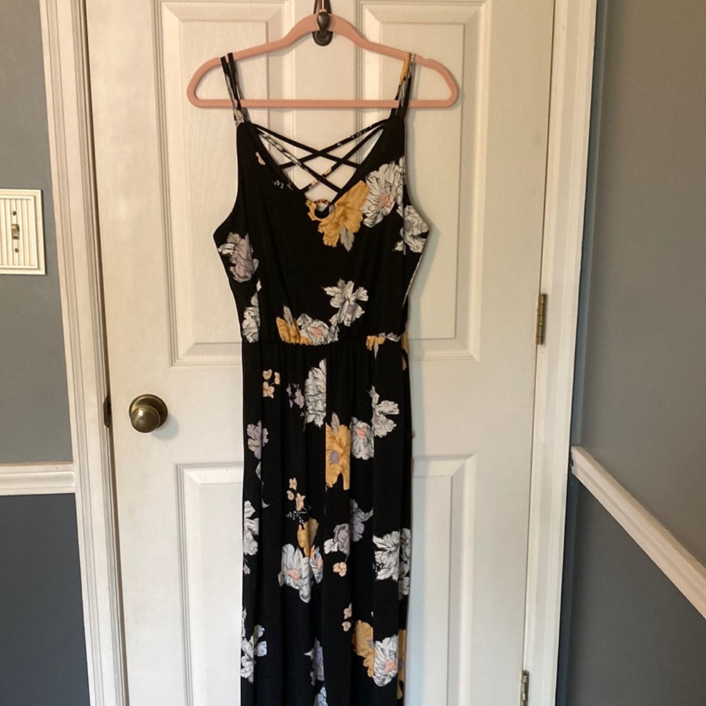 Maurices Black, White, and Yellow Floral Jumpsuit